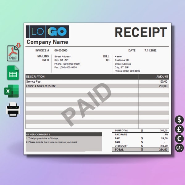 Modello di ricevuta in PDF pronto per la stampa, Per piccole imprese, Formati modificabili di fogli Excel e Google, Cinque valute diverse