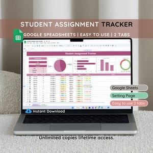 Könnte beinhalten: Ein Laptop zeigt eine Tabellenkalkulation zur Aufgabenverfolgung für Schüler. Der Bildschirm zeigt eine rosa-weiße Oberfläche mit Diagrammen und Datentabellen. Auf dem Bildschirm steht "Student Assignment Tracker", "Google Sheets" und "Easy to use 2 tabs."