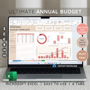 Puede incluir: Una pantalla de computadora portátil que muestra una hoja de cálculo con el título "Ultimate Annual Budget" y una plantilla de presupuesto personal. La hoja de cálculo incluye gráficos y diagramas con datos relacionados con las finanzas. La pantalla también muestra el texto "Microsoft Excel | Fácil de usar | 8 pestañas" y "Descarga instantánea".