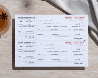 May include: A black and white printable rent receipt slip template with the text "Rent Receipt Slip" and "Rent Receipt" in pink. The template includes fields for the date, amount, and tenant information. The text "Thank you!" is written in pink at the bottom of the page.