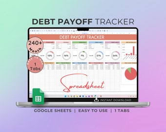Può includere: Un computer portatile che mostra un foglio di calcolo di Google Sheets intitolato "DEBT PAYOFF TRACKER". Il foglio di calcolo ha più schede, tra cui "Debito studentesco", "Prestito auto", "Mutuo", "Carta di credito 1", "Carta di credito 2" e "Distribuzione del debito". Il foglio di calcolo include grafici e diagrammi per monitorare i progressi del pagamento del debito. Il testo "240+ Mese", "Facile da usare", "1 Scheda", "Foglio di calcolo" e "Download immediato" è anche visibile sullo schermo.