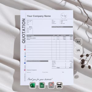 Puede incluir: Una plantilla de presupuesto en blanco y negro con el título "Presupuesto" en una fuente grande. La plantilla incluye campos para el nombre de la empresa, la información del cliente, los artículos y el importe total. La plantilla también incluye una sección para notas e instrucciones especiales, la aceptación del cliente y un mensaje de agradecimiento.