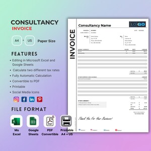 Puede incluir: Una imagen en blanco y negro de una plantilla de factura de consultoría. La plantilla incluye secciones para servicios por hora, otros servicios y cargos, y otros comentarios. La plantilla es imprimible y convertible a PDF. La plantilla está disponible en los formatos Microsoft Excel y Google Sheets.
