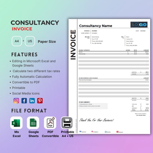 Consultancy invoice template, excel and google sheets, convertible pdf, service invoice with discount and two different tax rate sections.