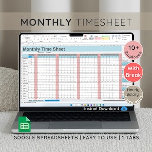 Hoja de horas mensual de empleados: Seguimiento de horas de Google Sheets (Descarga digital)