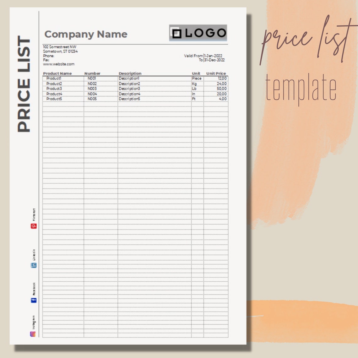 Price List Template Google Sheets Microsoft Excel PDF - Etsy