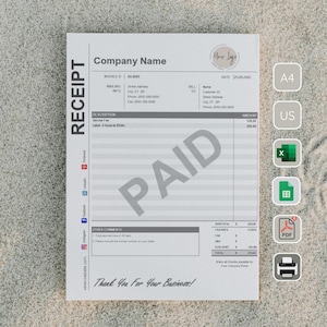 Printable Receipt Template for A4 and US Letter – Editable in Microsoft Excel & Google Sheets, Ideal for Small Businesses