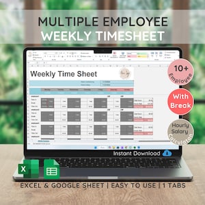 Weekly Timesheet for Multiple Employees, Scheduler spreadsheet, With Break, Salary Calculator, Excel, Google Sheets, HR, Form, staff
