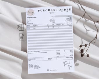 Può includere: Un modulo di ordine di acquisto bianco con un'intestazione grigia e un logo in bianco e nero. Il modulo include campi per il nome dell'azienda, l'indirizzo, il numero di fattura, la data, la descrizione dell'articolo, la quantità, il prezzo unitario, l'IVA e il totale della riga. Il modulo include anche una sezione per note e istruzioni speciali, una sezione per le informazioni del richiedente e una sezione per le informazioni di spedizione. Il modulo termina con le parole "Grazie" in testo nero.