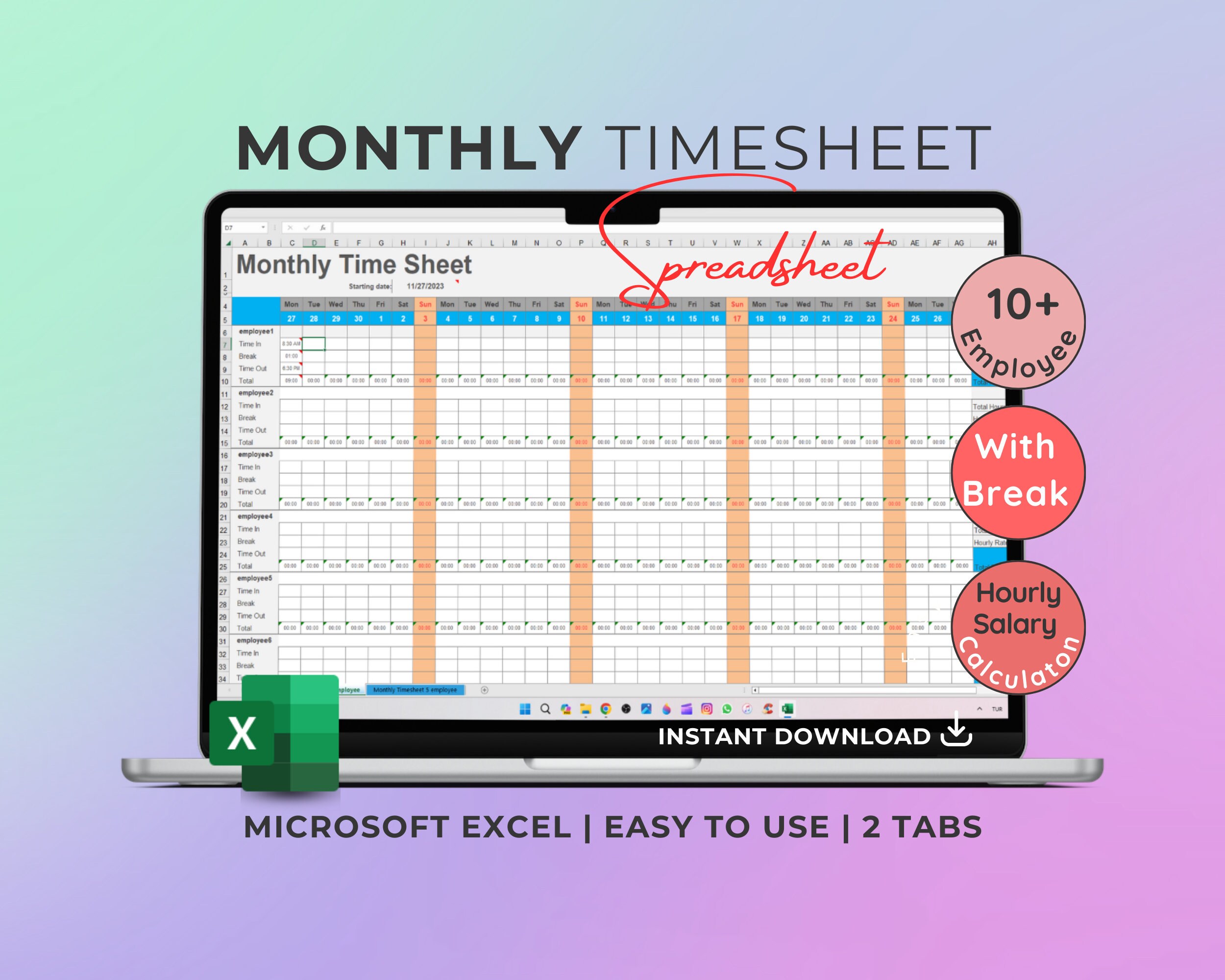 Monthly Timesheet for Multiple Employees, Employee Table, With Break