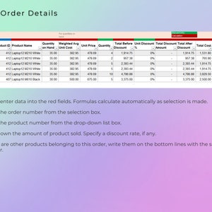 May include: A spreadsheet with a table showing order details for a laptop. The table includes columns for order date, product ID, product name, quantity on hand, weighted average unit cost, unit price, quantity, total before discount, unit discount percent, total discount amount, total after discount, total cost, gross margin, and alerts. The spreadsheet is used to track orders and calculate costs.