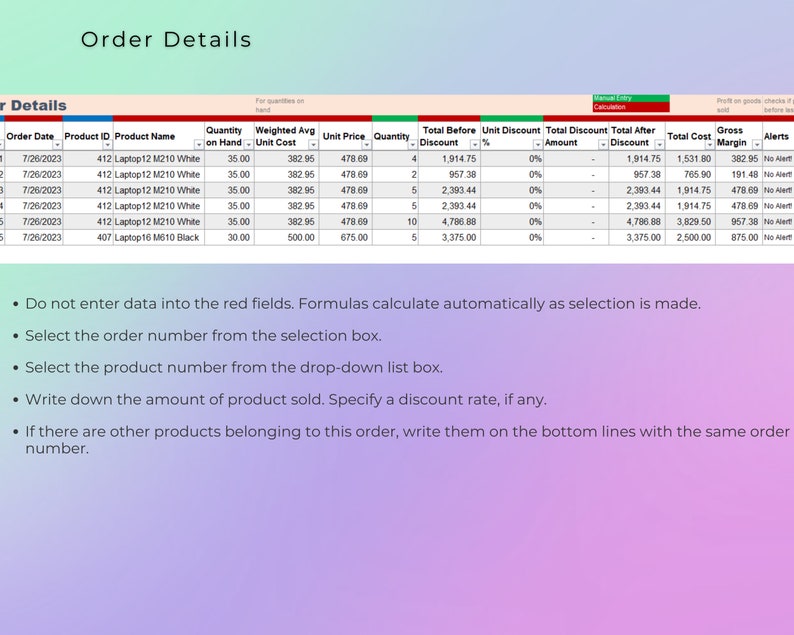 May include: A spreadsheet with a table showing order details for a laptop. The table includes columns for order date, product ID, product name, quantity on hand, weighted average unit cost, unit price, quantity, total before discount, unit discount percent, total discount amount, total after discount, total cost, gross margin, and alerts. The spreadsheet is used to track orders and calculate costs.