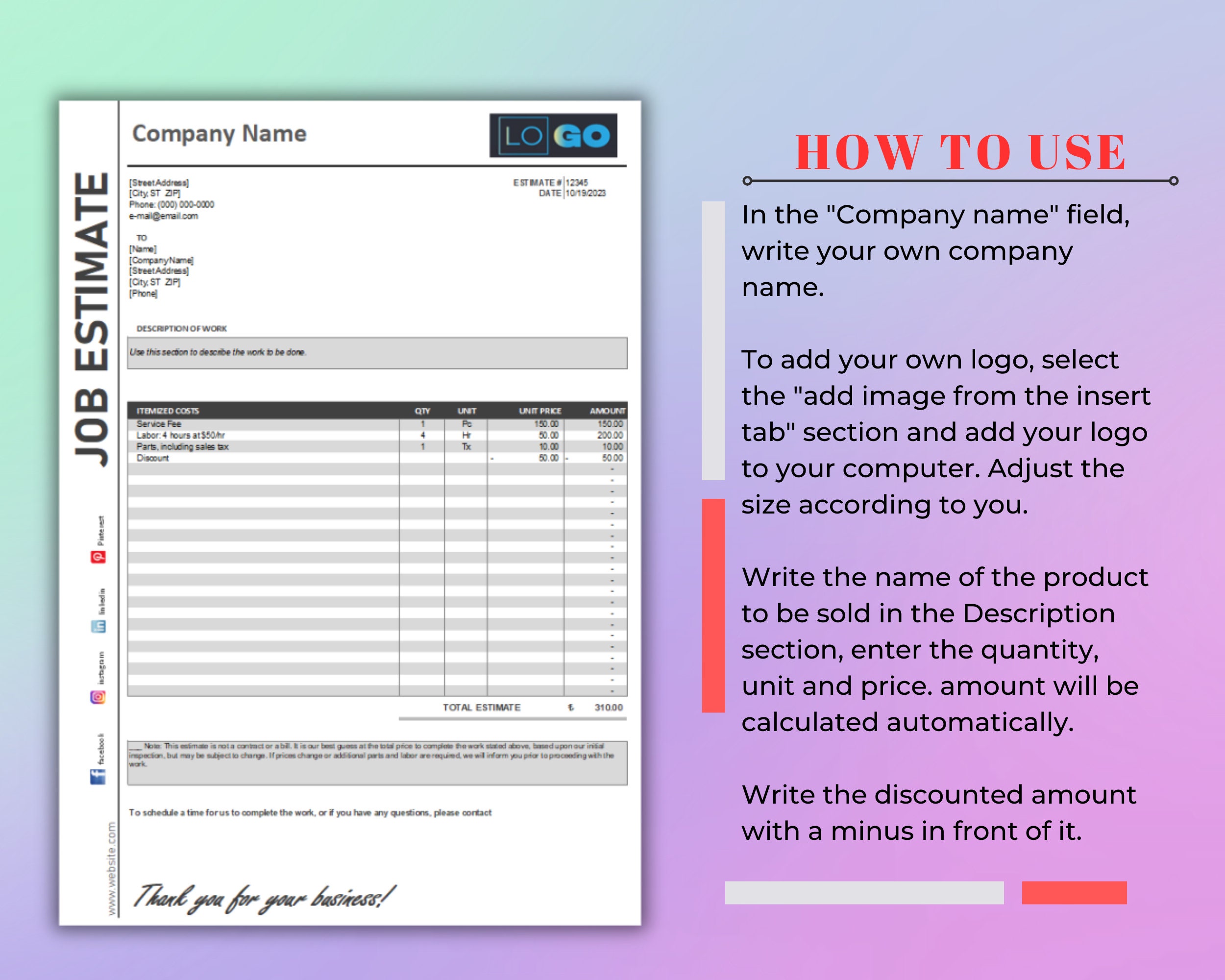 Job Estimate Template, Google Sheets, Microsoft Excel, PDF Convertible