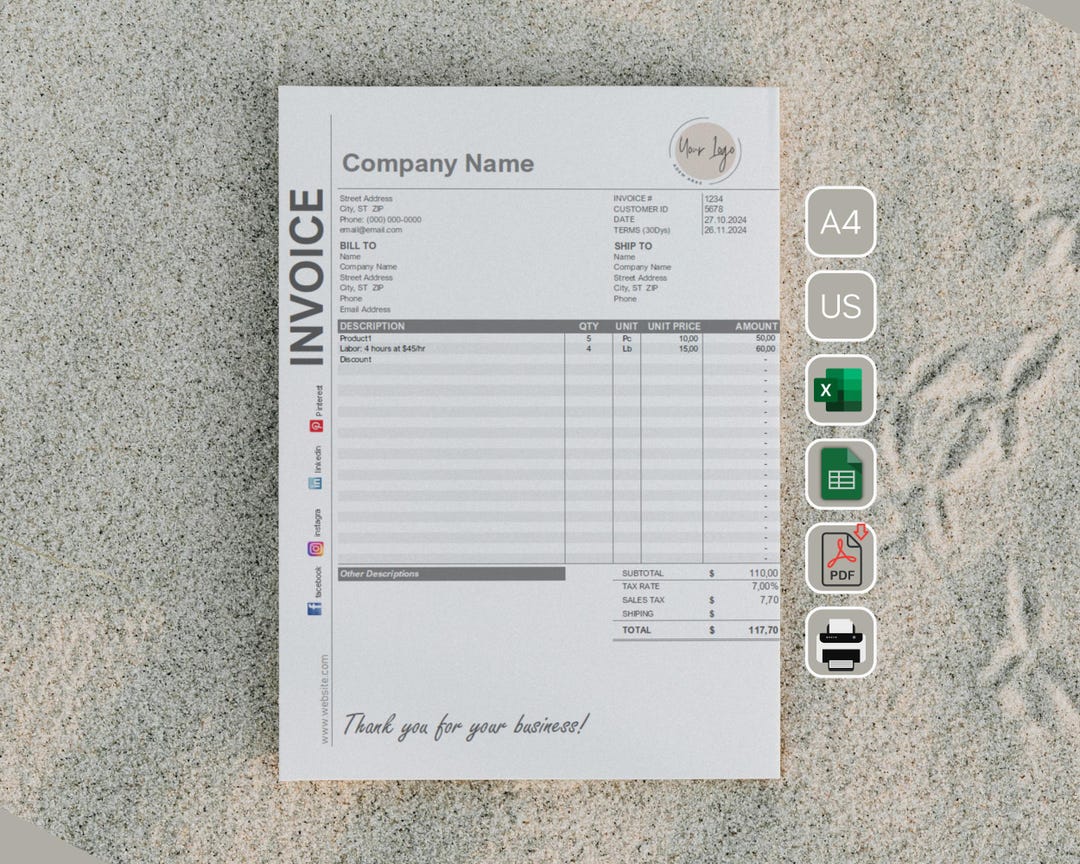 Customizable Invoice Template: Excel & Google Sheets (printable PDF) - Etsy