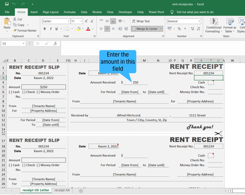 Rental Receipt Template Excel Google Sheets PDF Receipt Etsy
