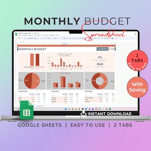 Op de afbeelding: Een laptopcomputer die een Google Sheets-spreadsheet toont met een maandelijkse budgetsjabloon. De spreadsheet bevat grafieken en diagrammen die inkomsten, uitgaven en besparingen tonen. De tekst "MONTHLY BUDGET spreadsheet" is zichtbaar bovenaan het scherm. De tekst "2 TABS Easy To Use With Saving" is zichtbaar in een rode cirkel aan de rechterkant van het scherm. De tekst "INSTANT DOWNLOAD" is zichtbaar onderaan het scherm. De tekst "GOOGLE SHEETS | EASY TO USE | 2 TABS" is zichtbaar onderaan de afbeelding.