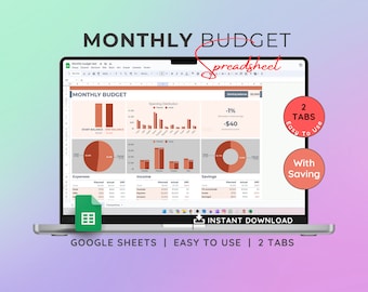 Può includere: Un computer portatile che mostra un foglio di calcolo di Google Sheets con un modello di budget mensile. Il foglio di calcolo contiene grafici e diagrammi che mostrano entrate, spese e risparmi. Il testo "MONTHLY BUDGET spreadsheet" è visibile nella parte superiore dello schermo. Il testo "2 TABS Easy To Use With Saving" è visibile in un cerchio rosso sul lato destro dello schermo. Il testo "INSTANT DOWNLOAD" è visibile nella parte inferiore dello schermo. Il testo "GOOGLE SHEETS | EASY TO USE | 2 TABS" è visibile nella parte inferiore dell'immagine.