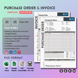 Advanced invoice and purchase order template, Selected from Customers and products list box, Excel and Google Sheets, Pdf convertible,