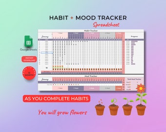 May include: A printable Google Sheets spreadsheet for tracking habits and mood. The spreadsheet has a habit tracker, a mood tracker, and a progress tracker. The spreadsheet is designed to help users track their progress towards their goals and improve their mood. The spreadsheet is decorated with flowers and plants.