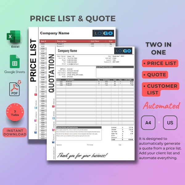 Automated Price List and Quote Template, Google sheets and Excel, PDF convertible, Wholesale Product Price List, Printable, Price Quotation