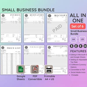 May include: A set of six printable small business templates in black and white. The templates include an invoice, quotation, receipt, price list, purchase order, and job estimate. The templates are editable in Microsoft Excel and Google Sheets, and can be converted to PDF. The templates are available in A4 size and US letter size.
