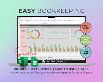 Può includere: Uno schermo di laptop che mostra un foglio di calcolo di Google Sheets con un cruscotto di dati finanziari. Il foglio di calcolo è intitolato "Bookkeeping Spreadsheet" e include grafici e diagrammi che mostrano il margine di profitto, i ricavi, le spese e i dati dei clienti. Il testo "EASY BOOKKEEPING" è visualizzato in grandi caratteri nella parte superiore dello schermo. Il testo "GOOGLE SHEETS | EXCEL | EASY TO USE | 6 TABS" è visualizzato sotto lo schermo del laptop. Il testo "Puoi analizzare e filtrare le tue entrate e spese per un periodo massimo di 20 anni." è visualizzato sotto il testo precedente.