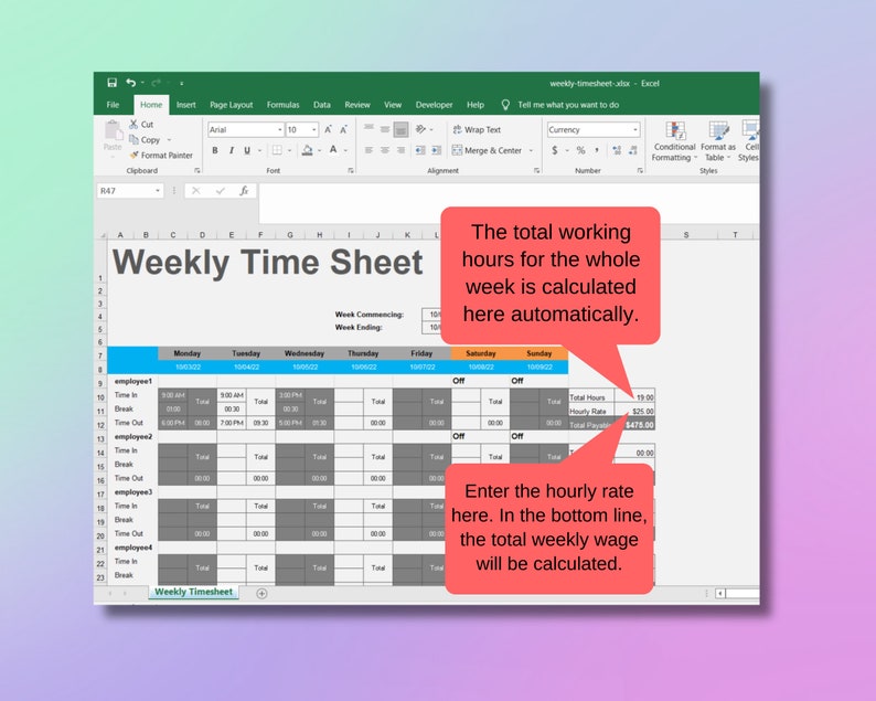 Total Week Timesheet Employee Weekly Timesheet: Salary Calculator, Break Times (excel ...