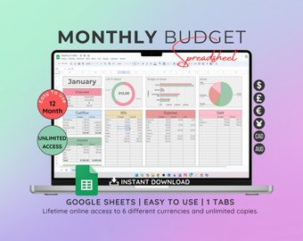 May include: A laptop screen displaying a Google Sheets spreadsheet titled "Monthly Budget Spreadsheet". The spreadsheet is divided into sections for cash flow, bills, expenses, and debt. The spreadsheet includes a chart showing the budget versus actual spending for January. The spreadsheet is available for instant download. The text "Easy to Use | 1 Tabs" is displayed below the laptop screen. The text "Lifetime online access to 6 different currencies and unlimited copies." is displayed below the previous text.