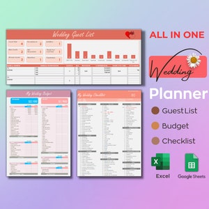 Wedding Planning Spreadsheet | Wedding Budget Planner | Wedding Checklist | Wedding Guest List | Google Sheets, Excel Template