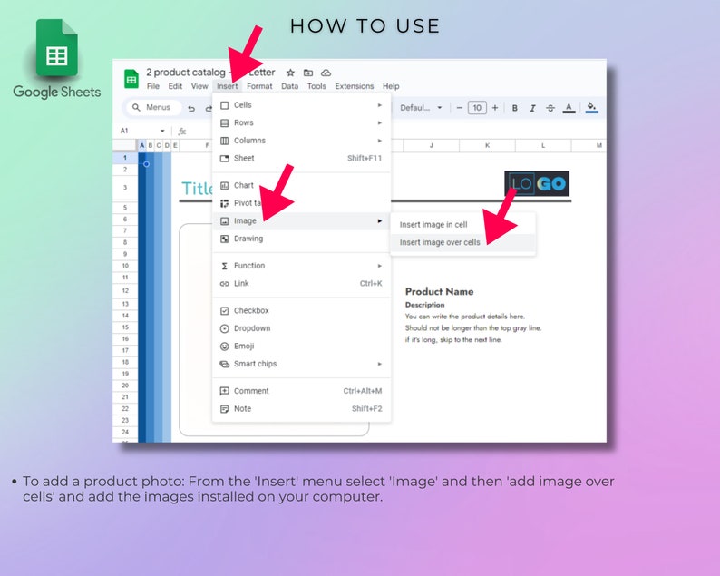 May include: A screenshot of a Google Sheets spreadsheet with a menu bar showing how to insert an image into a cell or over cells. The menu bar shows the options "Insert image in cell" and "Insert image over cells".