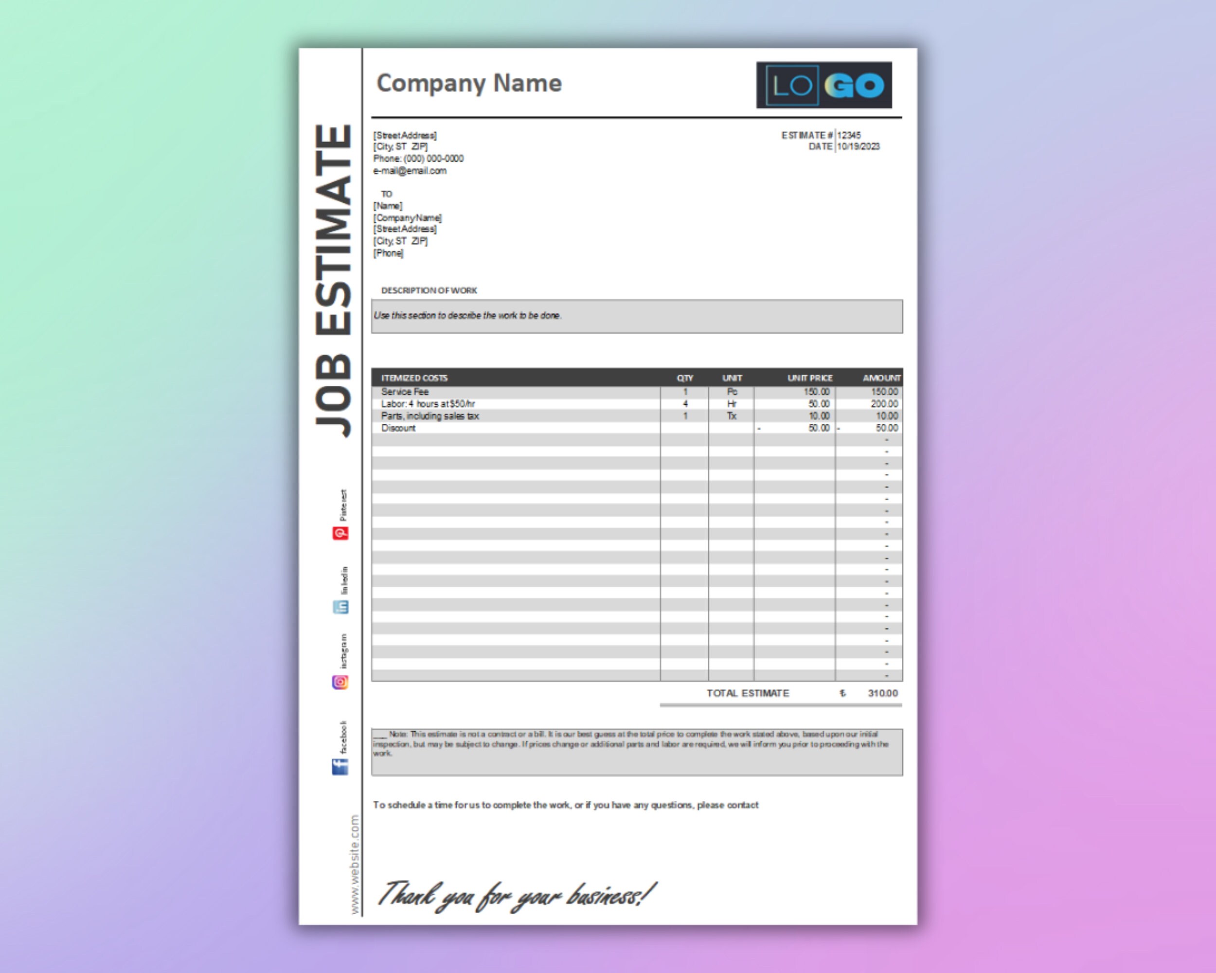 Job Estimate Template, Google Sheets, Microsoft Excel, PDF Convertible