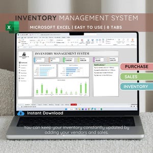 Może przedstawiać: Ekran laptopa wyświetlający arkusz kalkulacyjny Microsoft Excel z tytułem "System zarządzania magazynem". Arkusz kalkulacyjny zawiera wiele zakładek, w tym "Zakup", "Sprzedaż" i "Magazyn". Ekran wyświetla również wiadomość, która brzmi: "Możesz stale aktualizować swój magazyn, dodając swoich dostawców i sprzedaż."