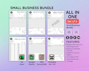 Sjabloonbundel voor kleine bedrijven: factuur, ontvangstbewijs, offerte (Excel, Google Spreadsheets - A4/US Letter)