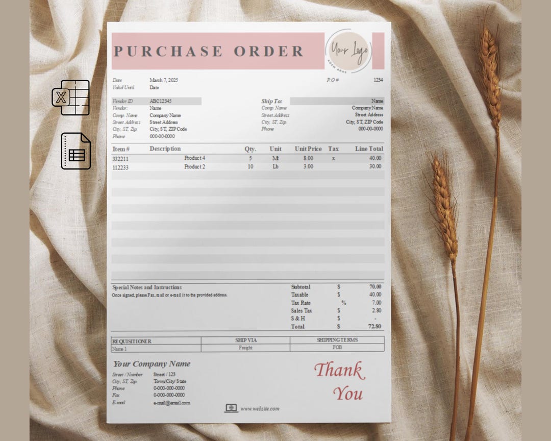 Editable Purchase Order Template: Excel & Google Sheets (instant ...