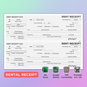 Rental Receipt Template, Excel, Google Sheets, PDF, Receipt Form, For Small Business, Printable, Editable.