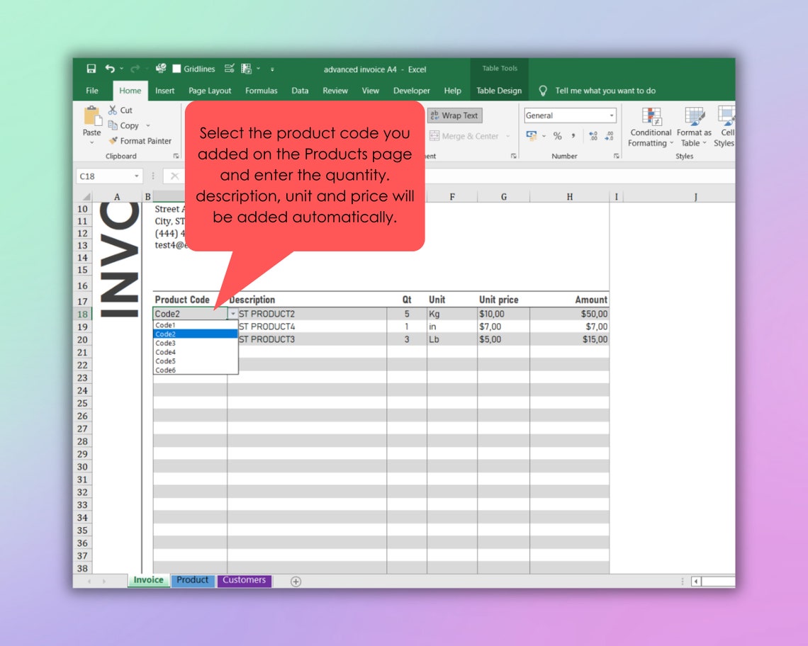 Advanced Invoice Template, Selected From Customers and Products List ...