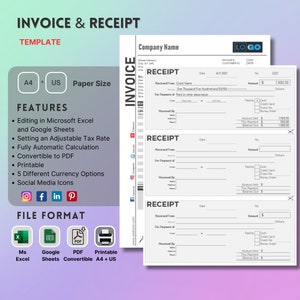 Invoice and rental receipt Template, Excel, Google Sheets, Convertible PDF, Receipt Form, For Small Business, Printable, Editable.