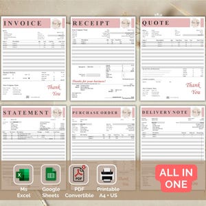 Può includere: Un set di sei modelli stampabili per fatture, ricevute, preventivi, estratti conto, ordini di acquisto e note di consegna. I modelli sono progettati in uno schema di colori rosa e bianco con un design semplice e moderno. I modelli sono compatibili con Microsoft Excel, Google Sheets e PDF.