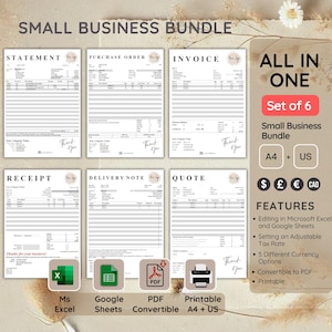 May include: A set of six printable business templates for invoices, receipts, purchase orders, delivery notes, statements, and quotes. The templates are editable in Microsoft Excel and Google Sheets, and can be converted to PDF. They are available in US Letter and A4 sizes.