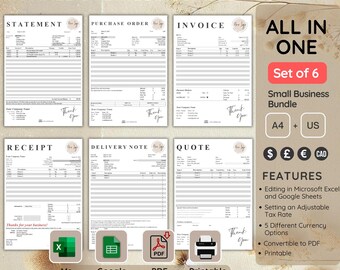 Può includere: Un set di sei modelli di business stampabili per fatture, ricevute, ordini di acquisto, note di consegna, estratti conto e preventivi. I modelli sono modificabili in Microsoft Excel e Google Sheets e possono essere convertiti in PDF. Sono disponibili nei formati A4 e US Letter.