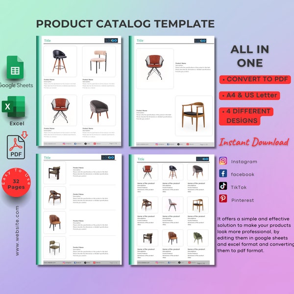 Catalog template of the product, in excel and google sheets format, 4 different designs, boutique catalog template