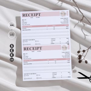 Printable, editable receipt template, For small businesses, excel and google sheets formats, 2 receipts per print