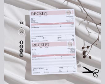 Può includere: Due ricevute stampate con intestazione e piè di pagina rosa, con campi per informazioni aziendali, data e servizi dettagliati. Le ricevute includono un segnaposto per il logo e simboli di valuta. Un paio di forbici si trova nell'angolo in basso a destra.