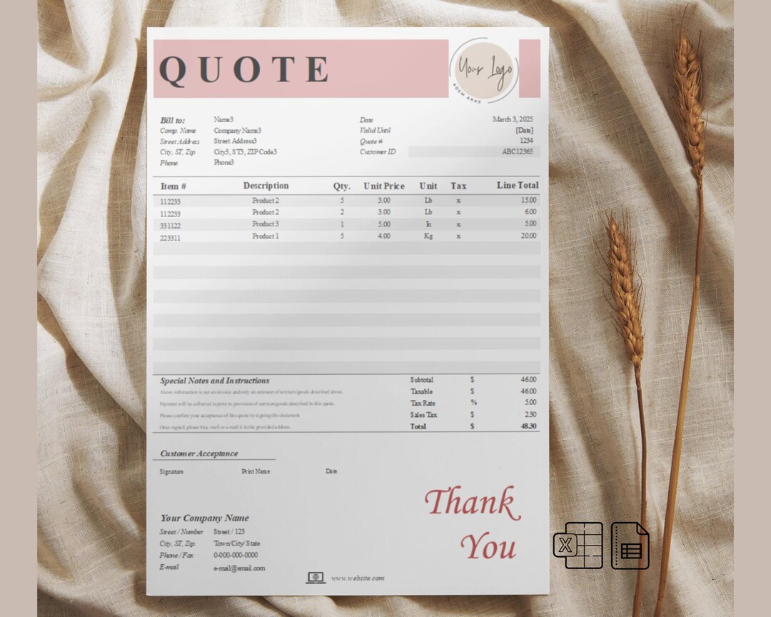 Advanced Quote Template: Excel & Google Sheets (printable PDF) - Etsy