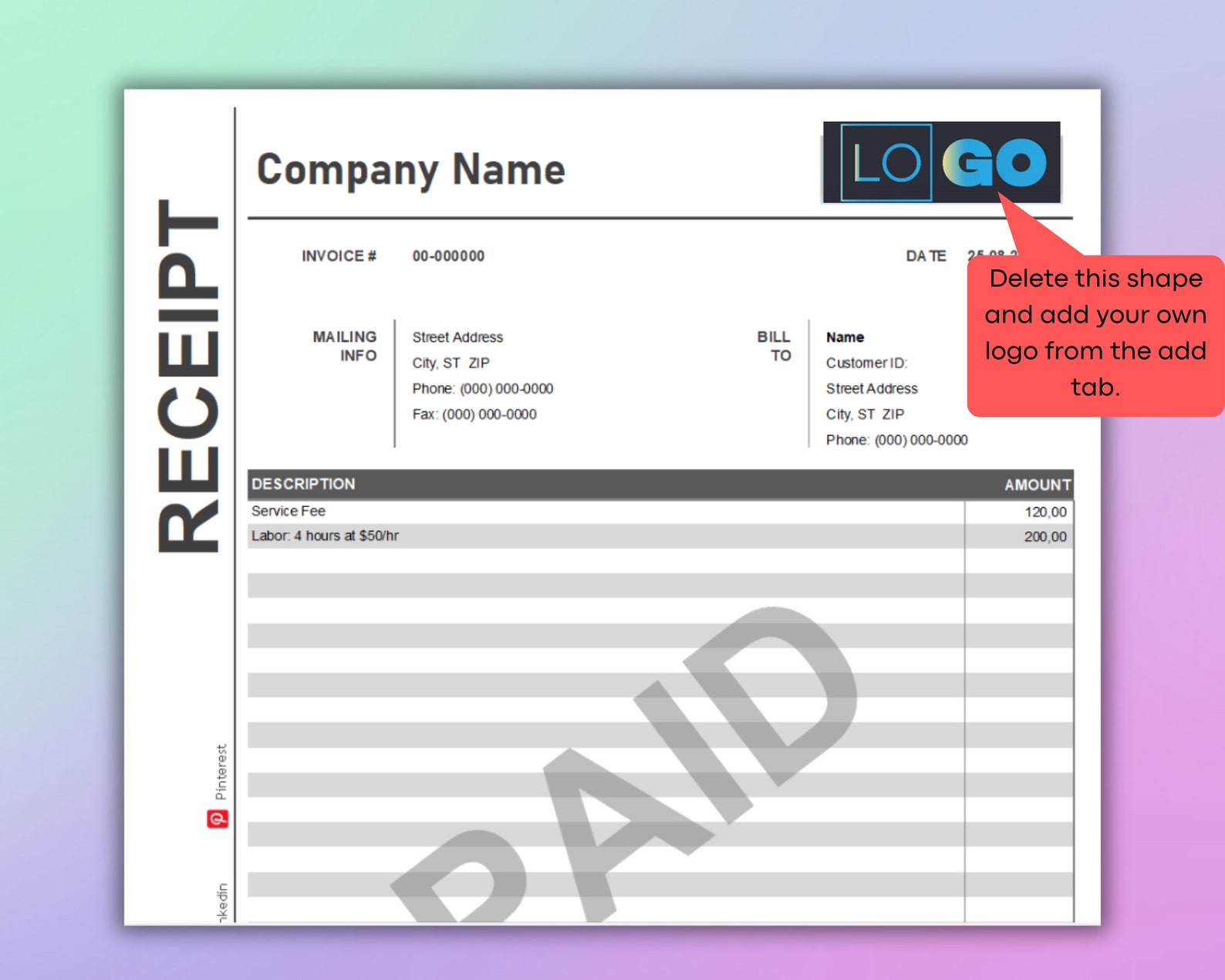 Receipt Template Google Sheets and Microsoft Excel, Convertible PDF ...