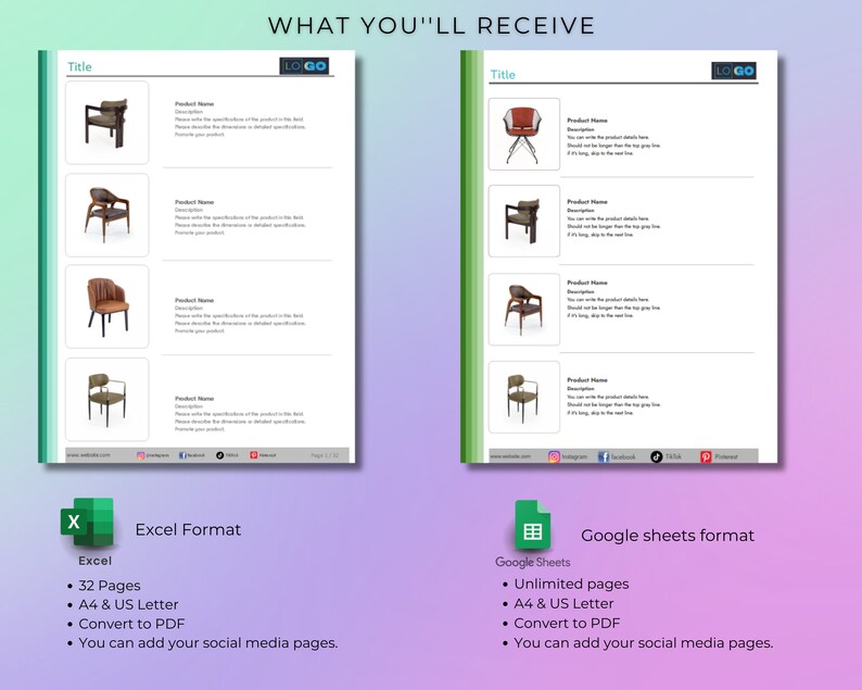 Product Catalog Template, Excel and Google Spreadsheets, 4 Vertical ...
