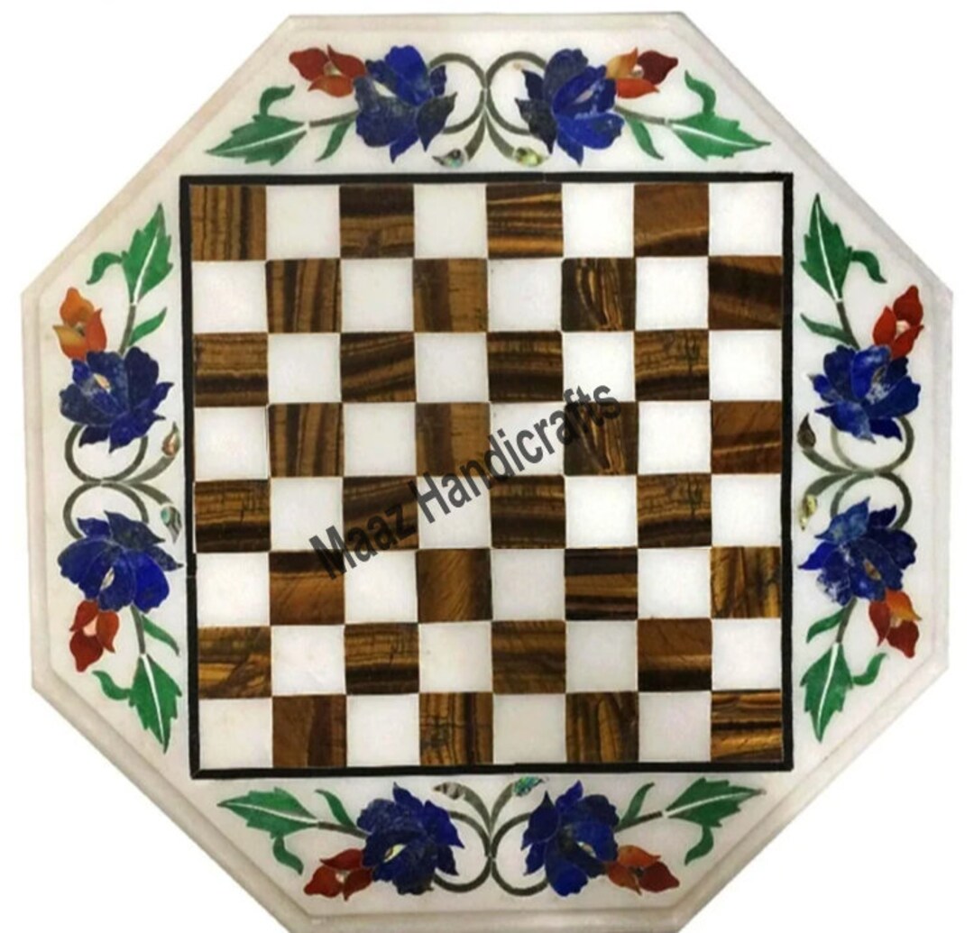 Antique Chess Board, Marble Chess Set, Floral Design Inlaid With Top