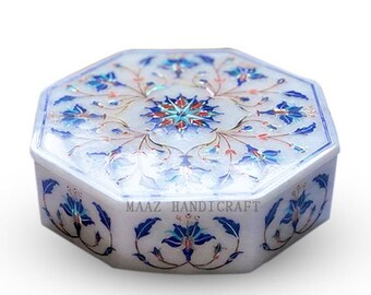 Decorative White Marble Inlaid With Mix Semi Precious Stones Octagonal Gift And Jewellery Box , Stone Storage Box , Friendship Day Gift Box