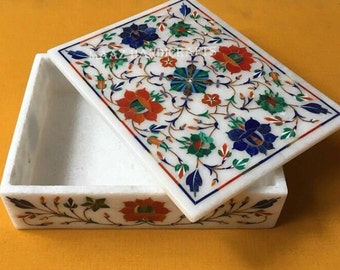 Marble Jewelry Box Inlaid With Mix Semi Precious Stones Marble Gift Box Perfect Gift For Mother's