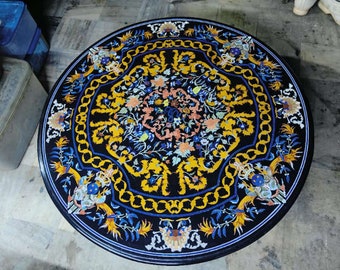 Black Marble Table | Inlay Table Top | Black Inlay Table Top | Round Inlay Table